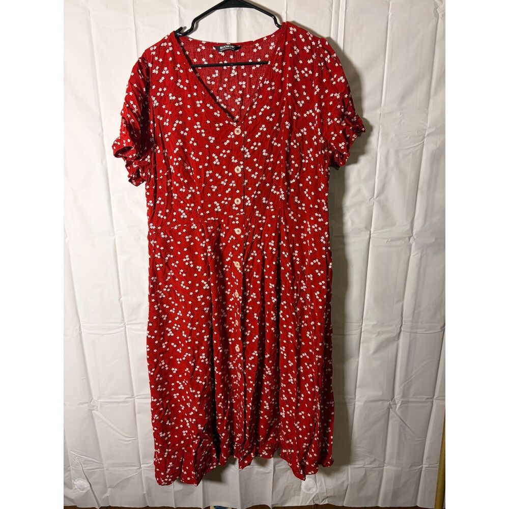 BloomChic Red White Floral Button Front Midi Dress Plus Size 18-20 2X Pockets